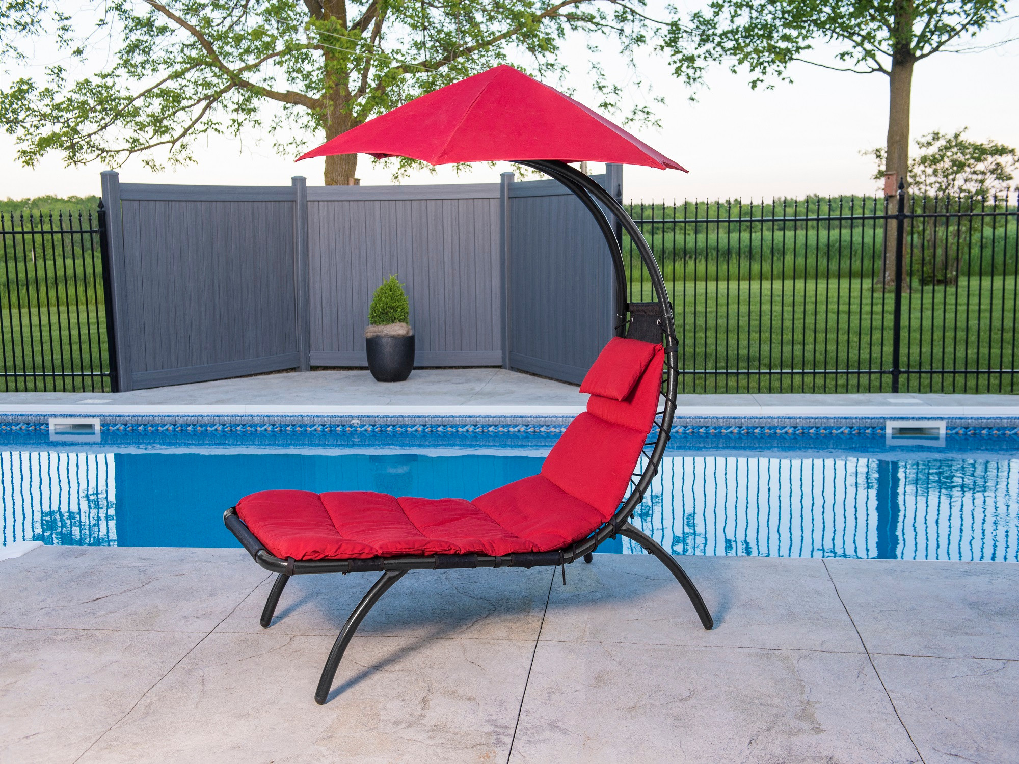 72” Red Low Outdoor Lounge Chair with an Overhanging Umbrella ...